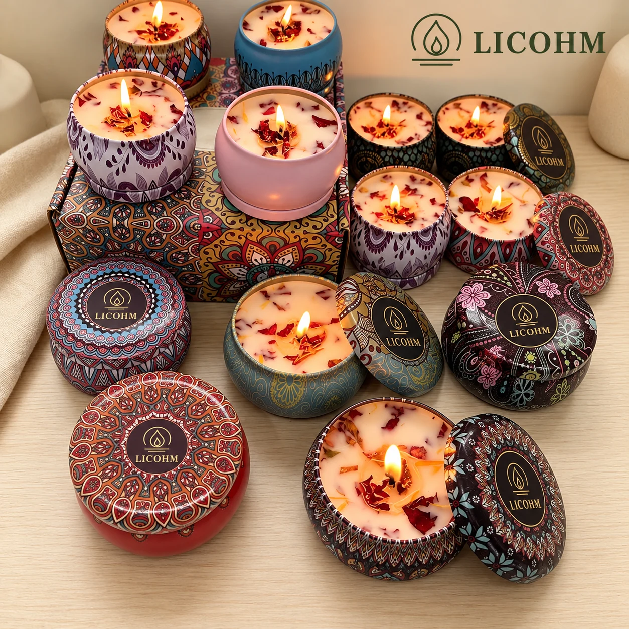 LICOHM Patterned Tin Scented Candle - Decorative Lid And Floral Wax Accents