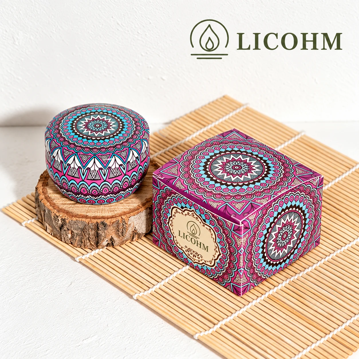 LICOHM Patterned Tin Scented Candle - Decorative Lid And Floral Wax Accents