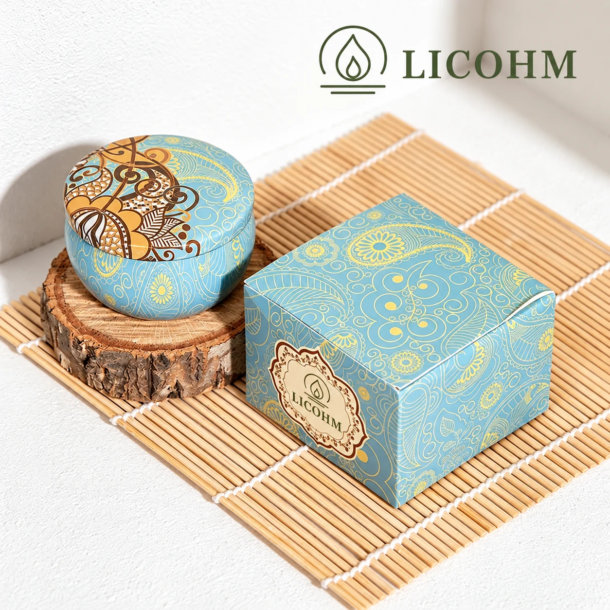 LICOHM Patterned Tin Scented Candle - Decorative Lid And Floral Wax Accents