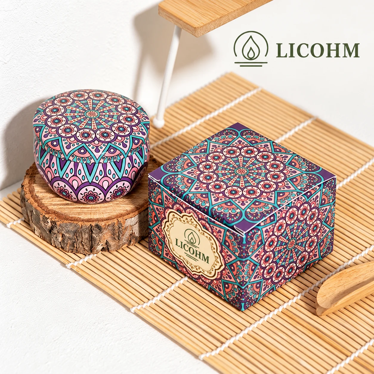 LICOHM Patterned Tin Scented Candle - Decorative Lid And Floral Wax Accents