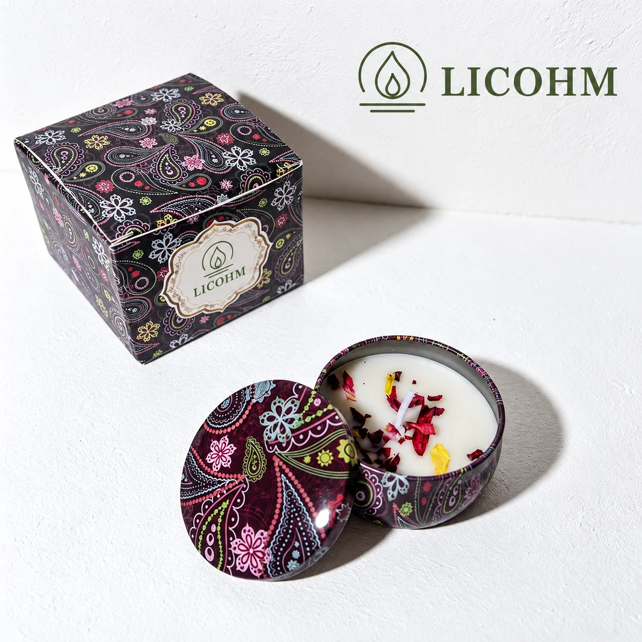 LICOHM Patterned Tin Scented Candle - Decorative Lid And Floral Wax Accents
